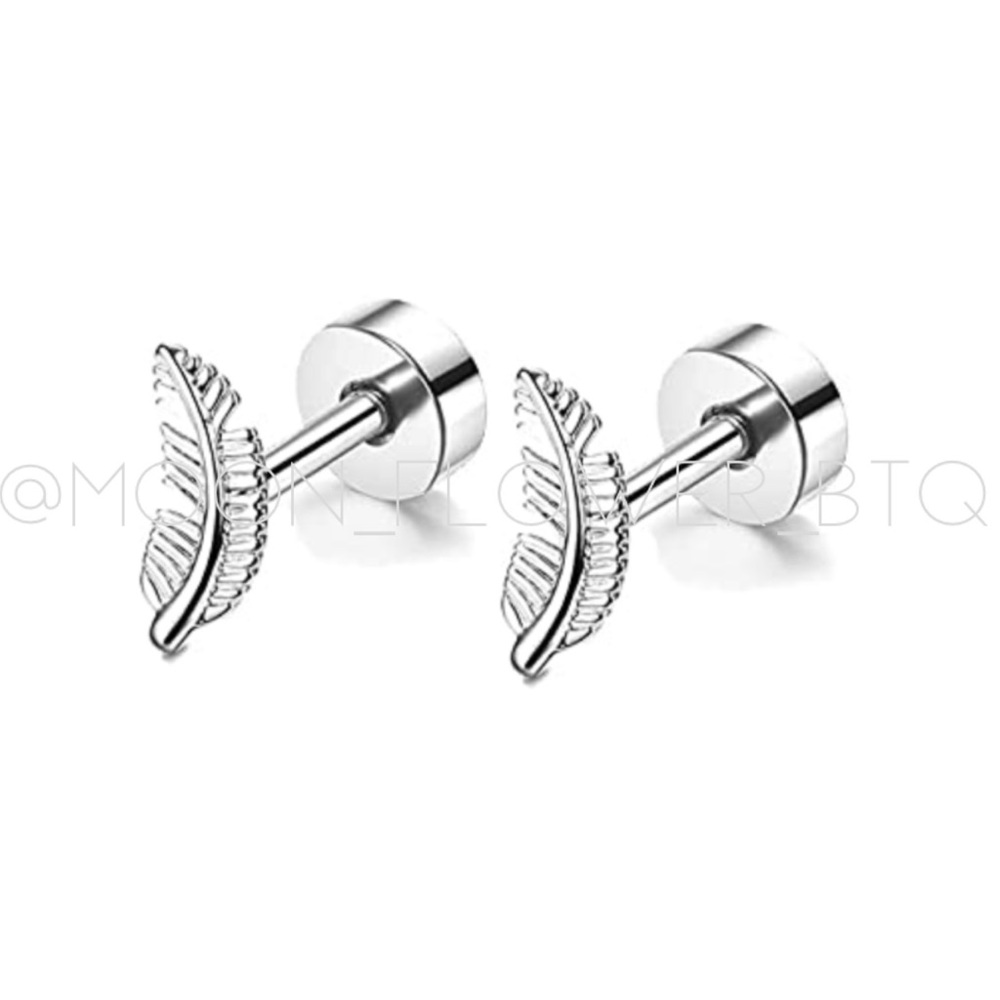 Stainless Steel Feather Flat Back Earrings – Hypoallergenic Studs 20G - Picture 7 of 8